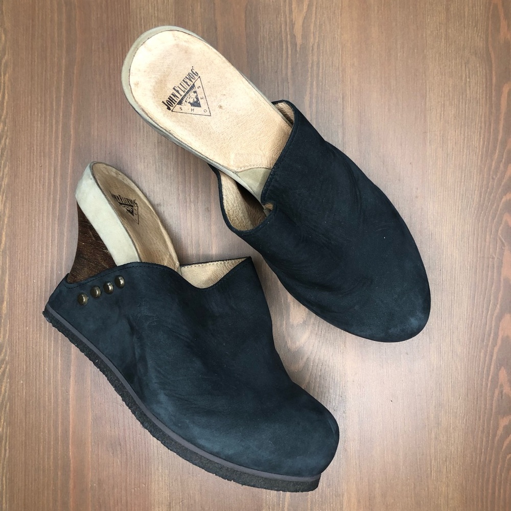 John Fluevog Black Leather Clog Mules Size 9